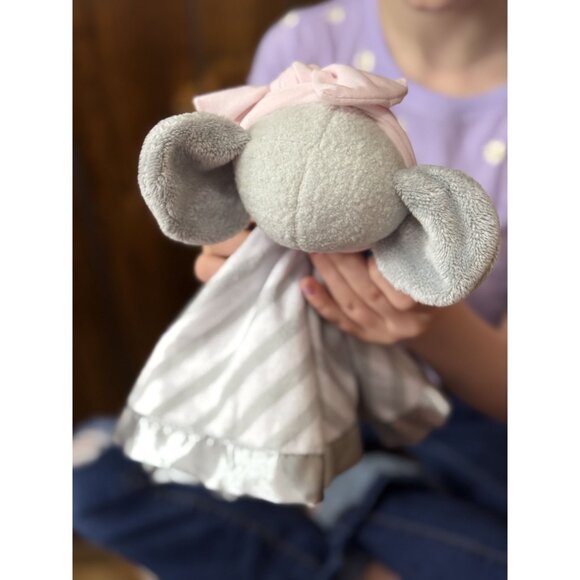 Baby Elephant Security Blanket With Stripes & Pink Bow - Picture 3 of 5